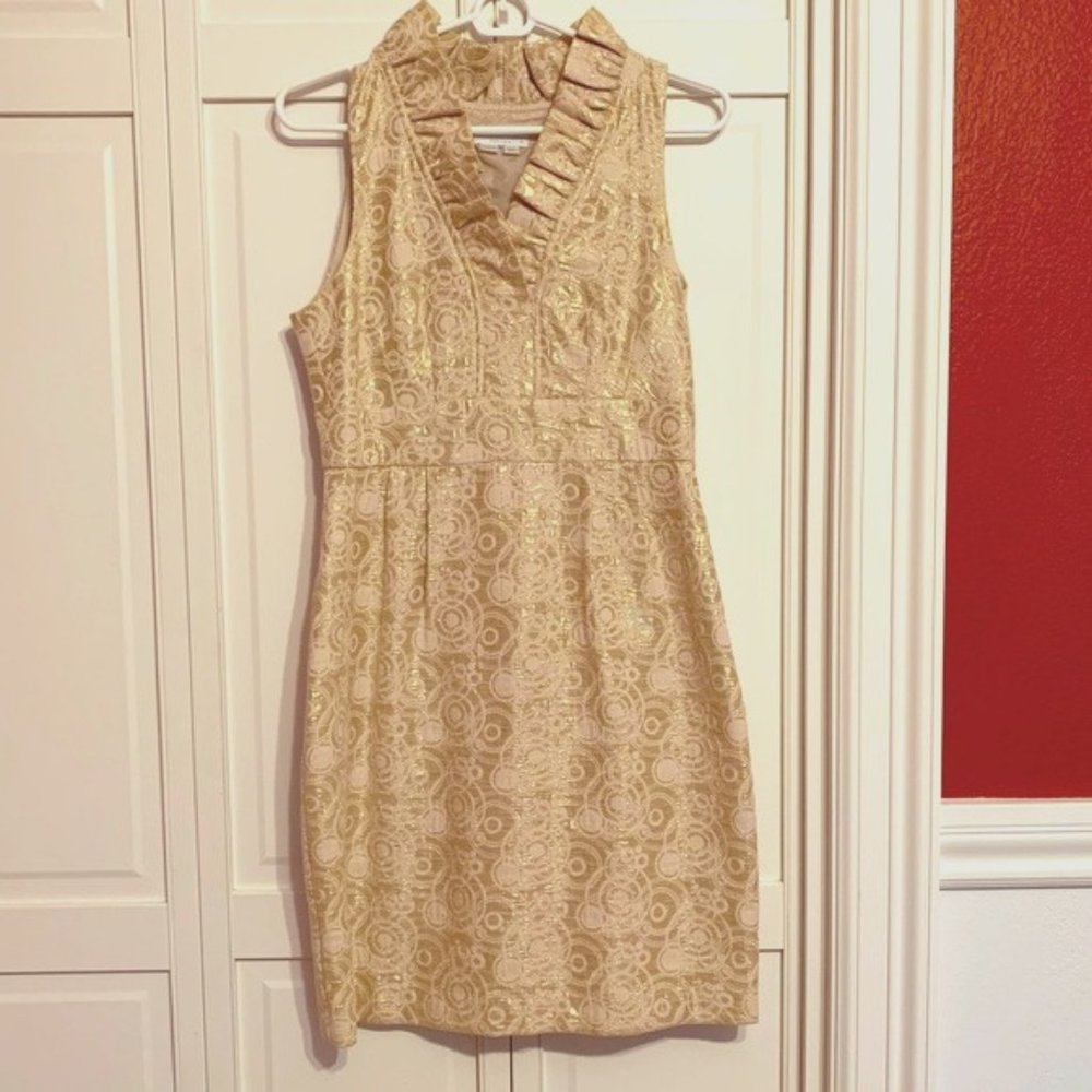 London Times. Gold foil dress. 8 Petite size. Worn 1x for an event. Like New